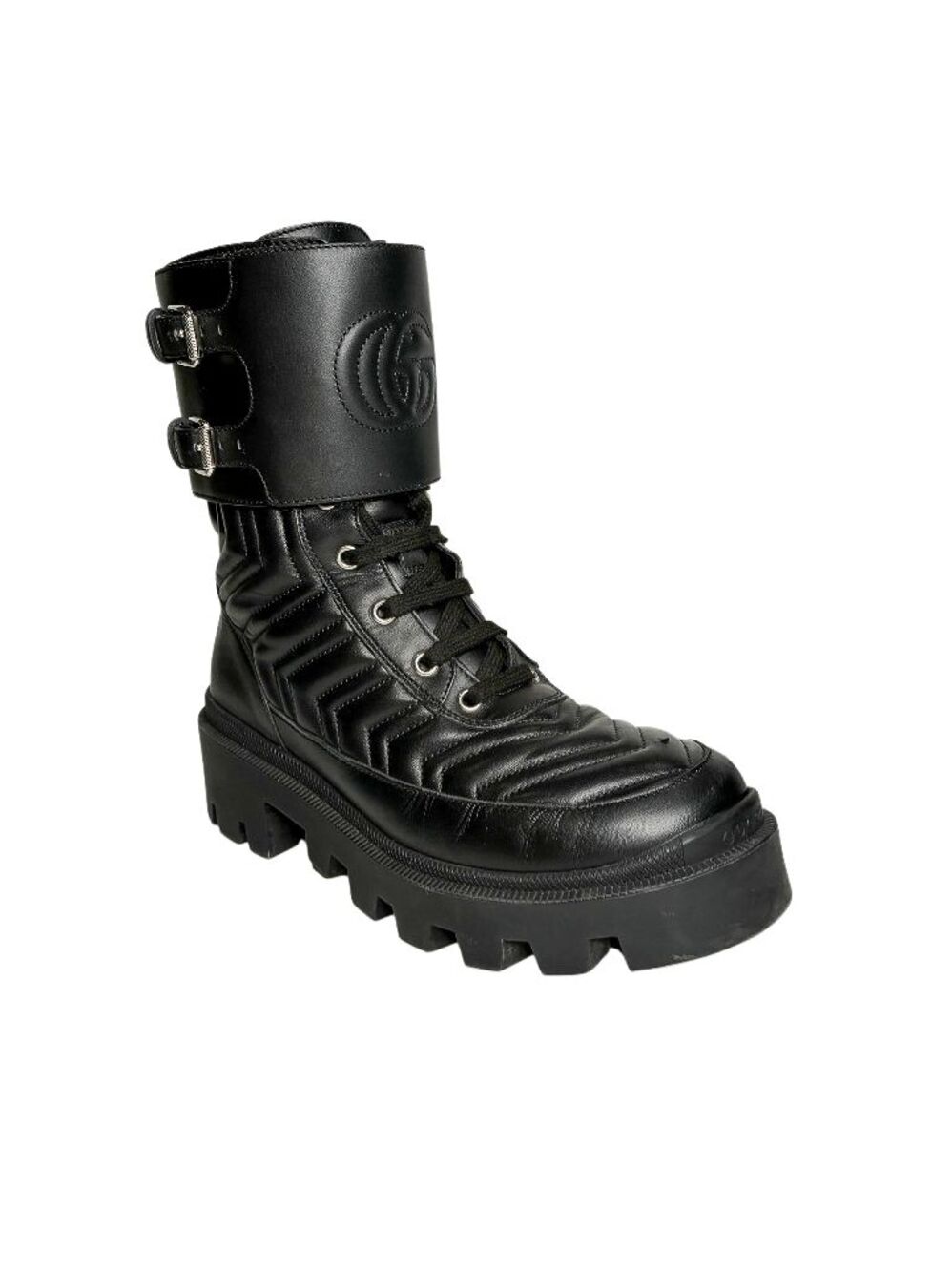 Gucci Frances GG Lug Combat Boots EU 37 Black Matelasse Leather Double G Lace Up